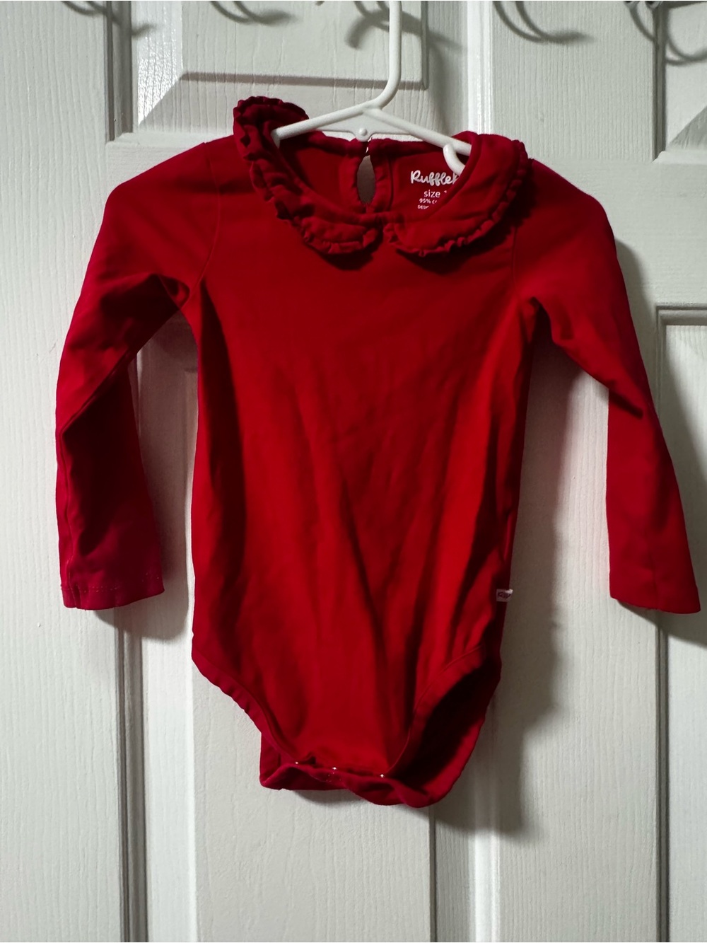 RuffleButts Red Long-Sleeve Peter Pan Ruffle Bodysuit - Picture 2 of 4
